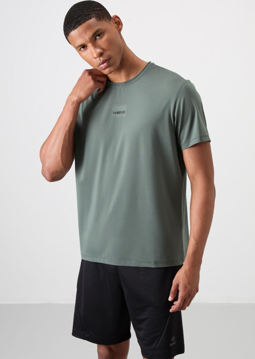 Haki Polyester Nefes Alan Dokulu İnce Esnek Standart Fit Erkek Performans T-Shirt - 88384