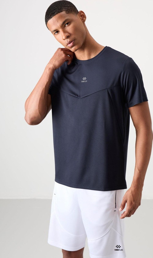 Lacivert Polyester Nefes Alan Dokulu İnce Esnek Standart Fit Erkek Performans T-Shirt - 88391