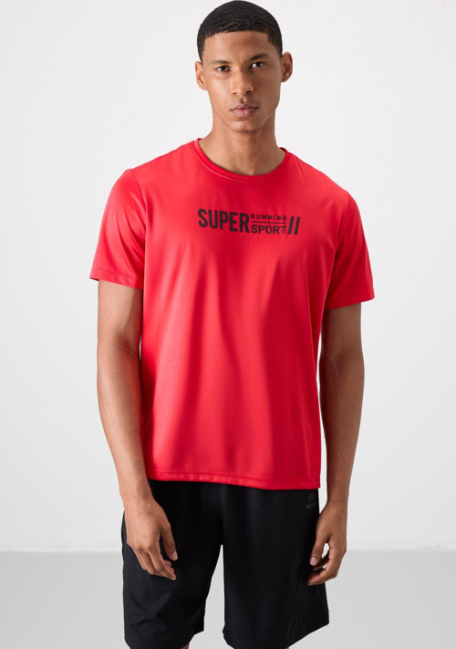 Kırmızı Polyester Nefes Alan Dokulu İnce Esnek Standart Fit Erkek Performans T-Shirt - 88385