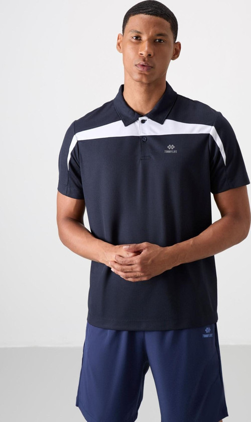 Lacivert Polyester Nefes Alan Dokulu İnce Esnek Standart Fit Polo Yaka Erkek Performans T-Shirt - 88