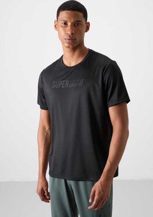 Siyah Polyester Nefes Alan Dokulu İnce Esnek Standart Fit Erkek Performans T-Shirt - 88385