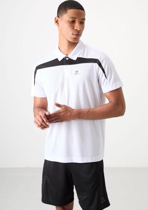 Beyaz Polyester Nefes Alan Dokulu İnce Esnek Standart Fit Polo Yaka Erkek Performans T-Shirt - 88392