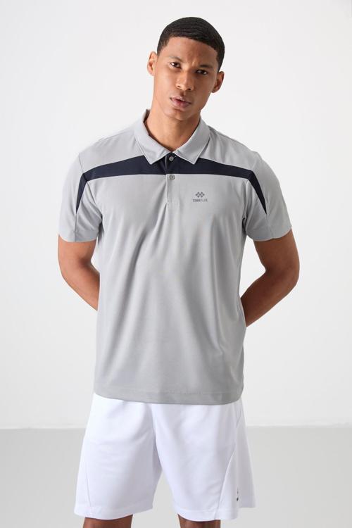 Gri Polyester Nefes Alan Dokulu İnce Esnek Standart Fit Polo Yaka Erkek Performans T-Shirt - 88392