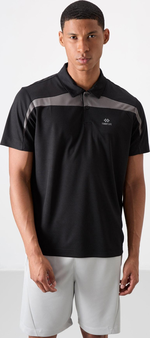 Siyah Polyester Nefes Alan Dokulu İnce Esnek Standart Fit Polo Yaka Erkek Performans T-Shirt - 88392