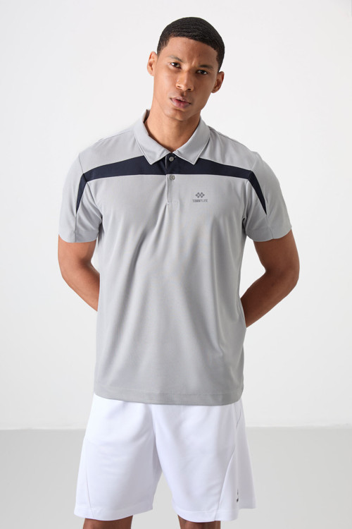 Gri Polyester Nefes Alan Dokulu İnce Esnek Standart Fit Polo Yaka Erkek Performans T-Shirt - 88392