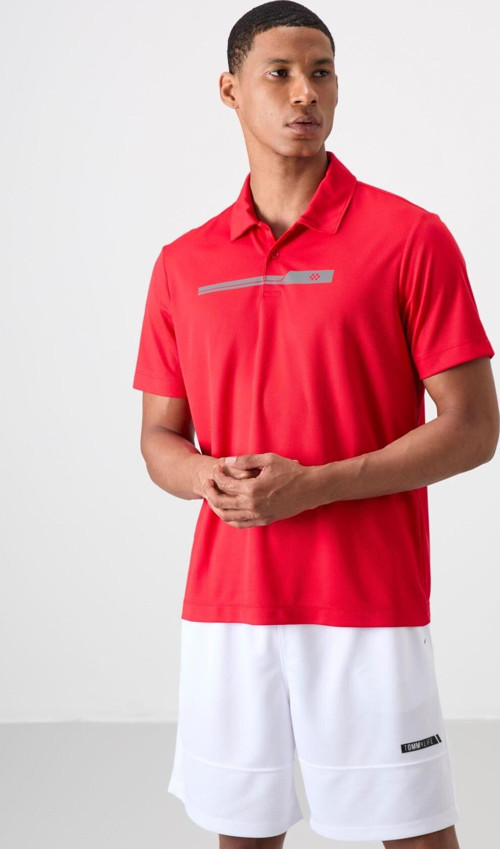 Kırmızı Polyester Nefes Alan Dokulu İnce Esnek Standart Fit Polo Yaka Erkek Performans T-Shirt - 883