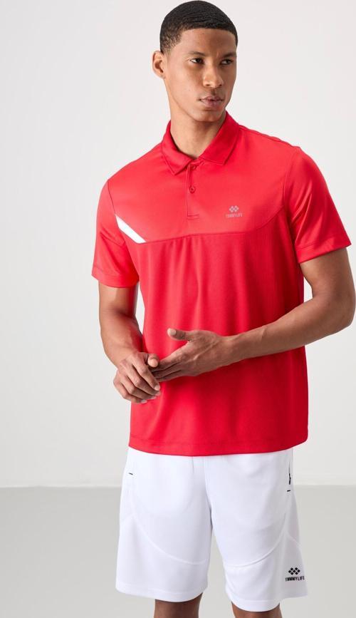 Kırmızı Polyester Nefes Alan Dokulu İnce Esnek Standart Fit Polo Yaka Erkek Performans T-Shirt - 884