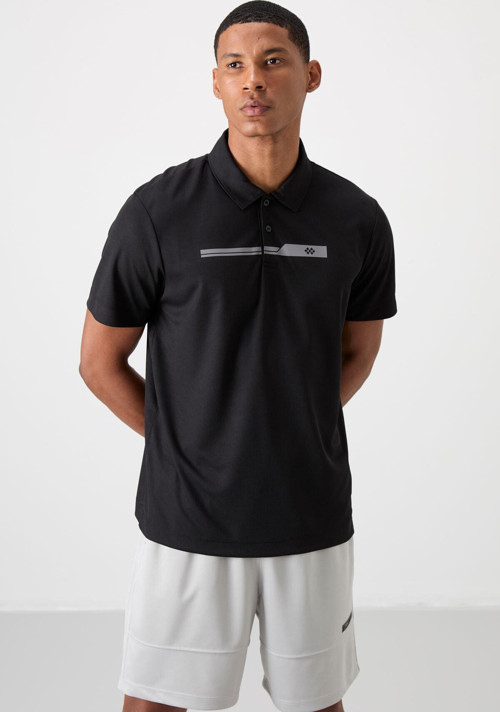 Siyah Polyester Nefes Alan Dokulu İnce Esnek Standart Fit Polo Yaka Erkek Performans T-Shirt - 88393