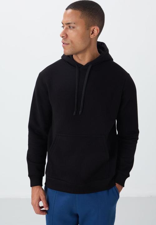 Siyah Pamuklu Kalın İçi Tüylü Yumuşak Dokulu Comfort Fit Nakışlı Erkek Sweatshirt - 88419