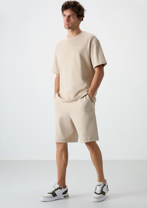 Bej Pamuklu Kalın Yumuşak Dokulu Oversize Fit Nakışlı Erkek Şort Takım - 85250