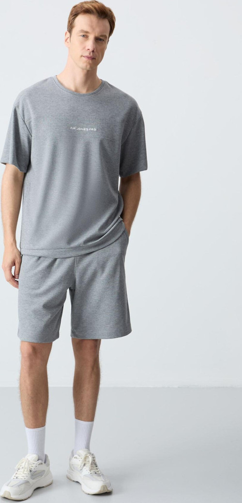 Gri Melanj Pamuklu Kalın Yumuşak Dokulu Oversize Fit Basic Erkek Şort Takım - 85257