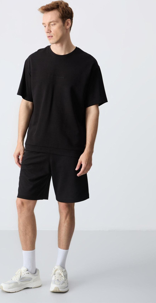 Siyah Pamuklu Kalın Yumuşak Dokulu Oversize Fit Basic Erkek Şort Takım - 85257