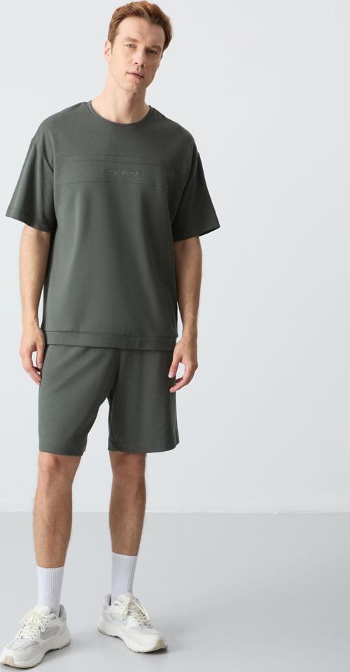 Haki Pamuklu Kalın Yumuşak Dokulu Oversize Fit Basic Erkek Şort Takım - 85257