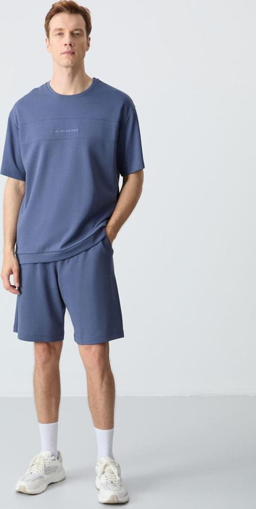 Petrol Pamuklu Kalın Yumuşak Dokulu Oversize Fit Basic Erkek Şort Takım - 85257