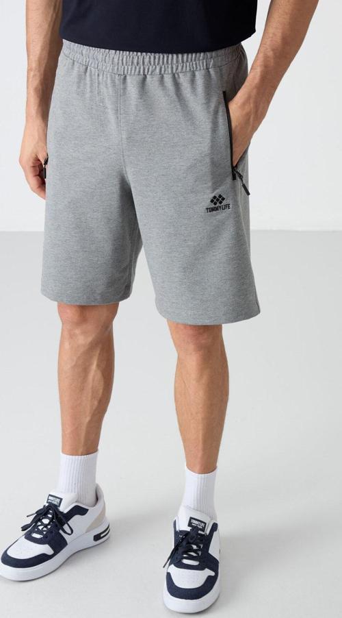 Gri Melanj Gizli Fermuar Arka Cepli Bağcıklı Standart Kalıp Erkek Şort - 81136