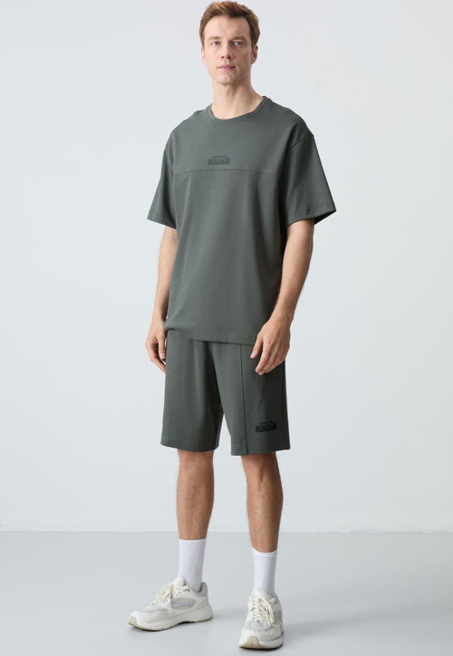 Haki Pamuklu Kalın Yumuşak Dokulu Oversize Fit Basic Erkek Şort Takım - 85259