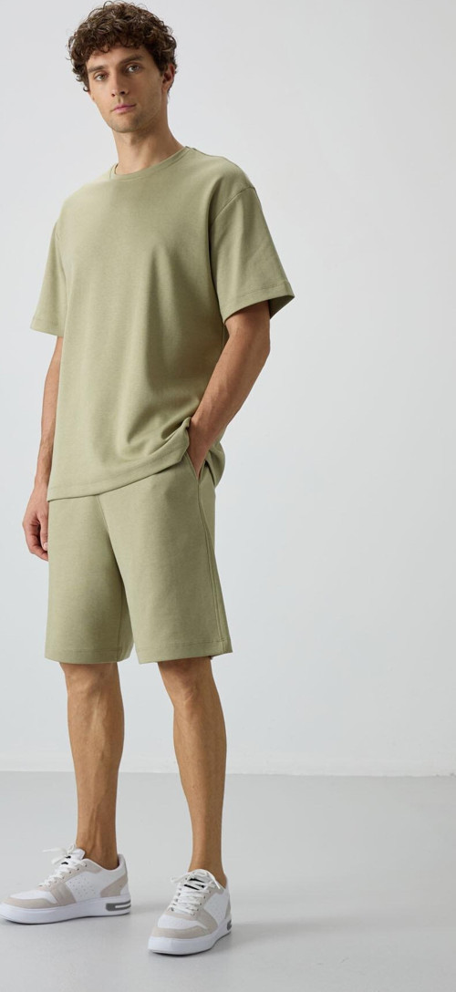 Açık Çağla Pamuklu Kalın Yumuşak Dokulu Oversize Fit Basic Erkek Şort Takım - 85249