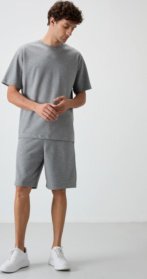 Gri Melanj Pamuklu Kalın Yumuşak Dokulu Oversize Fit Basic Erkek Şort Takım - 85249