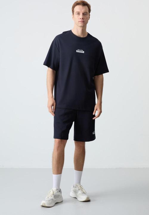 Lacivert Pamuklu Kalın Yumuşak Dokulu Oversize Fit Basic Erkek Şort Takım - 85259