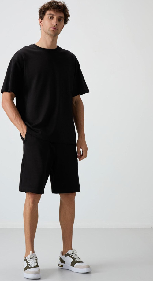 Siyah Pamuklu Kalın Yumuşak Dokulu Oversize Fit Basic Erkek Şort Takım - 85249