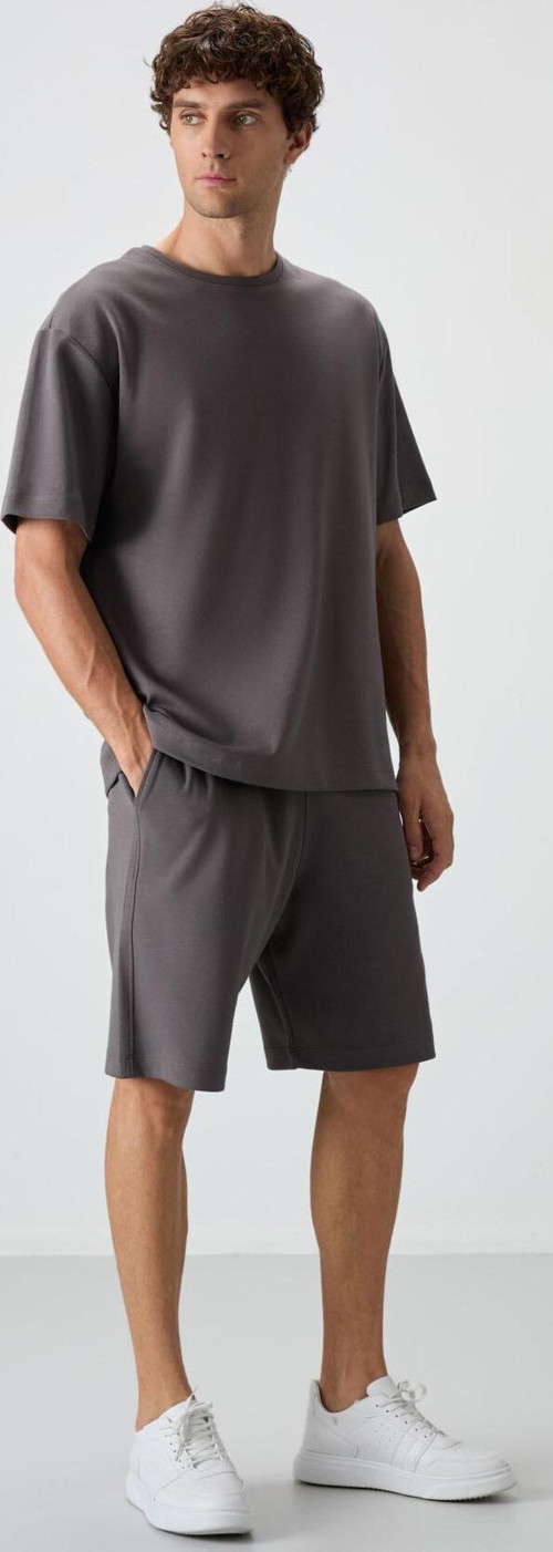 Koyu Gri Pamuklu Kalın Yumuşak Dokulu Oversize Fit Basic Erkek Şort Takım - 85249