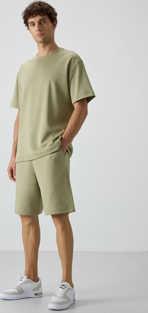 Açık Çağla Pamuklu Kalın Yumuşak Dokulu Oversize Fit Basic Erkek Şort Takım - 85249