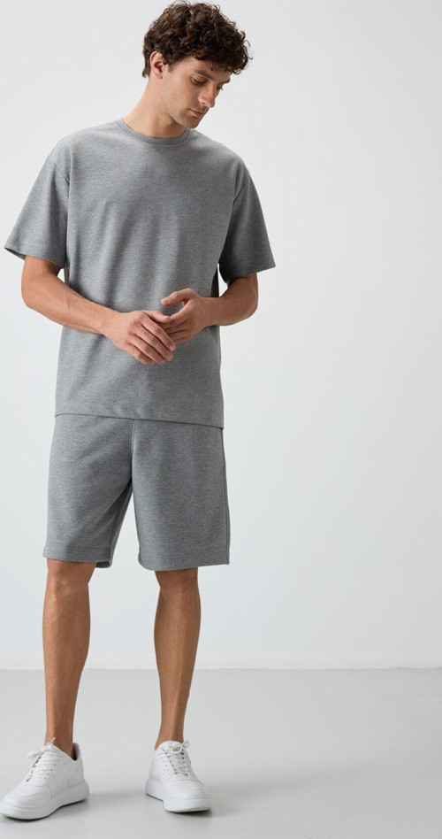 Gri Melanj Pamuklu Kalın Yumuşak Dokulu Oversize Fit Basic Erkek Şort Takım - 85249
