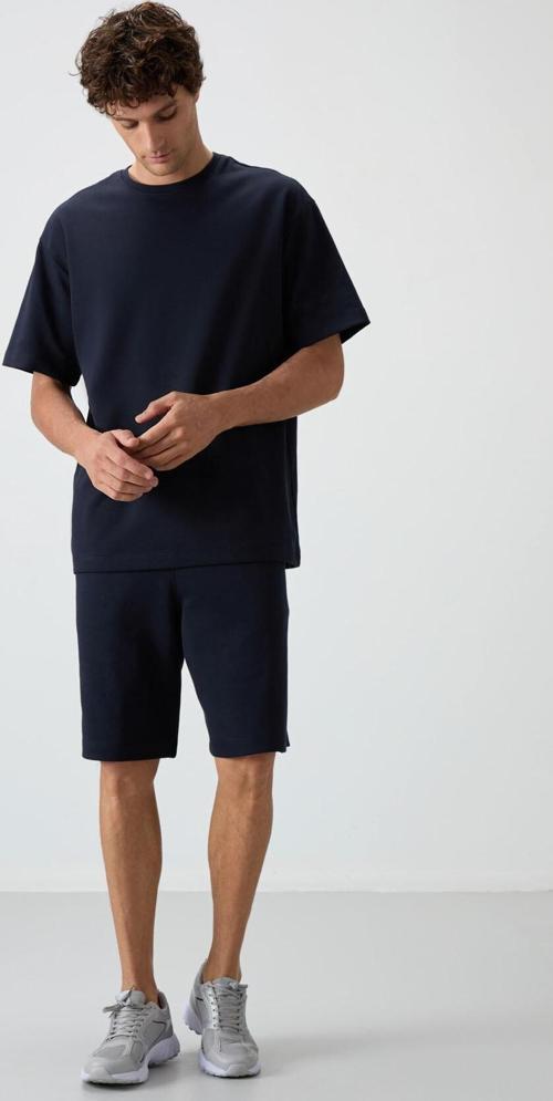 Lacivert Pamuklu Kalın Yumuşak Dokulu Oversize Fit Basic Erkek Şort Takım - 85249