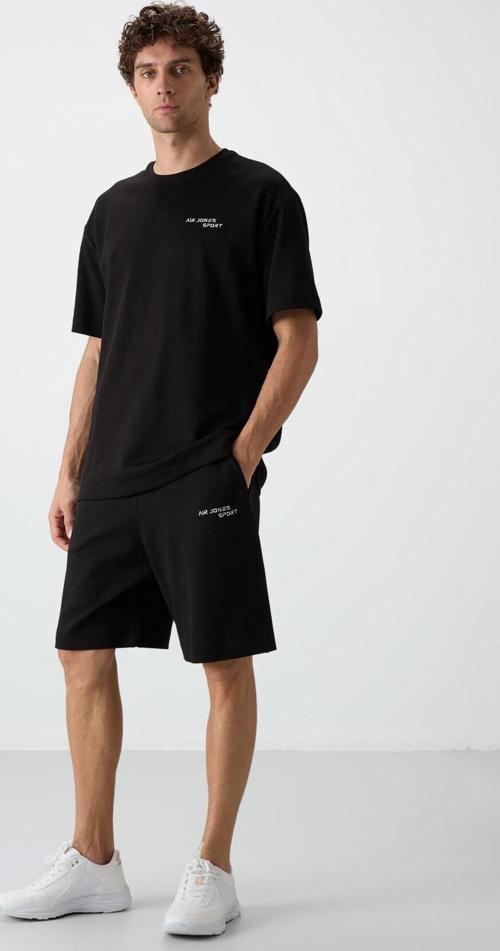 Siyah Pamuklu Kalın Yumuşak Dokulu Oversize Fit Nakışlı Erkek Şort Takım - 85250