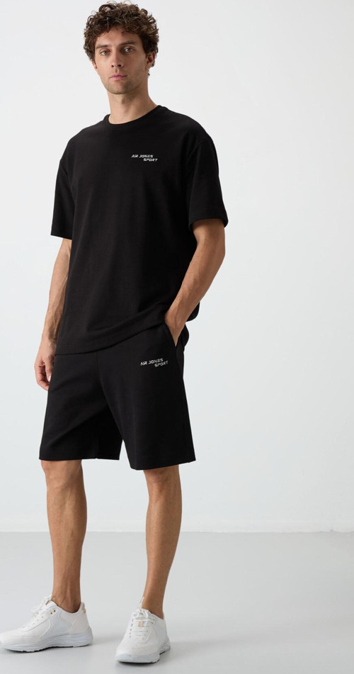 Siyah Pamuklu Kalın Yumuşak Dokulu Oversize Fit Nakışlı Erkek Şort Takım - 85250