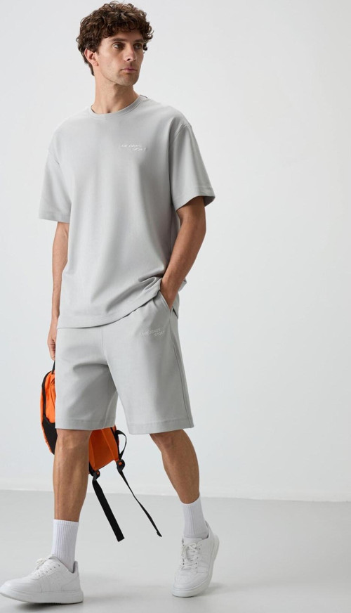 Taş Pamuklu Kalın Yumuşak Dokulu Oversize Fit Nakışlı Erkek Şort Takım - 85250