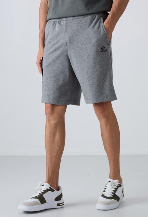 Gri Melanj Pamuklu Kalın Yumuşak Dokulu Comfort Fit Baskılı Erkek Şort - 81266