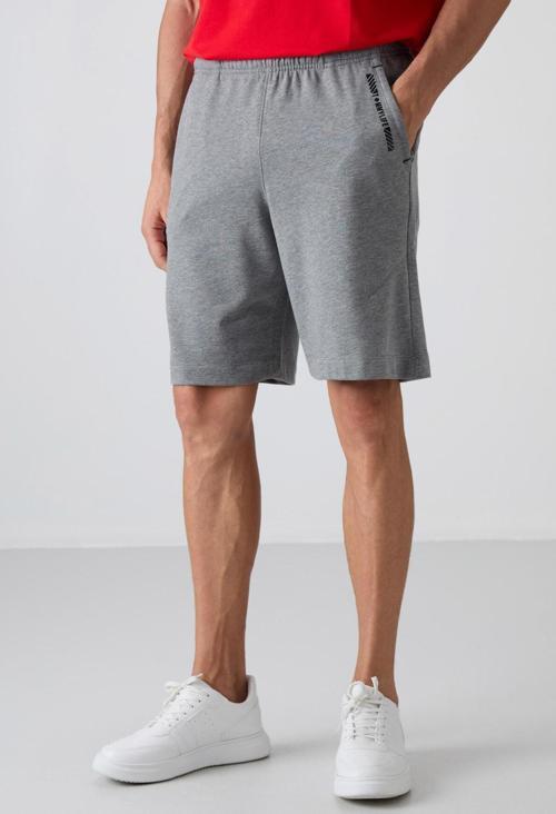 Gri Melanj Pamuklu Kalın Yumuşak Dokulu Comfort Fit Baskılı Erkek Şort - 81263