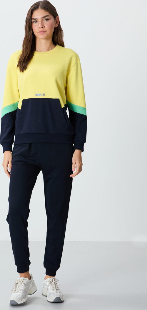 Sarı Kompakt Pamuklu Kalın Pürüzsüz Dokulu O Yaka Oversize Fit Kadın Sweatshirt - 97289