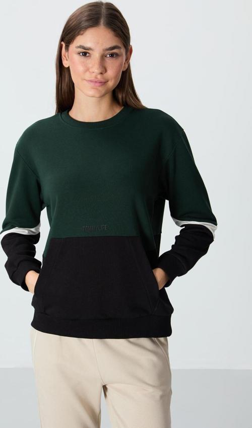 Çam Yeşili Kompakt Pamuklu Kalın Pürüzsüz Dokulu O Yaka Oversize Fit Kadın Sweatshirt - 97289