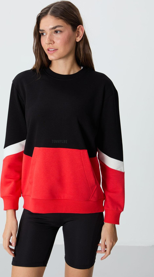 Siyah Kompakt Pamuklu Kalın Pürüzsüz Dokulu O Yaka Oversize Fit Kadın Sweatshirt - 97289