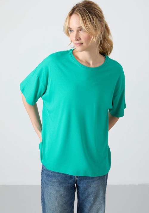 Deniz Yeşili Penye Modal Yumuşak Tuşeli Oversize Fit Basic Kadın T-Shirt- 97285