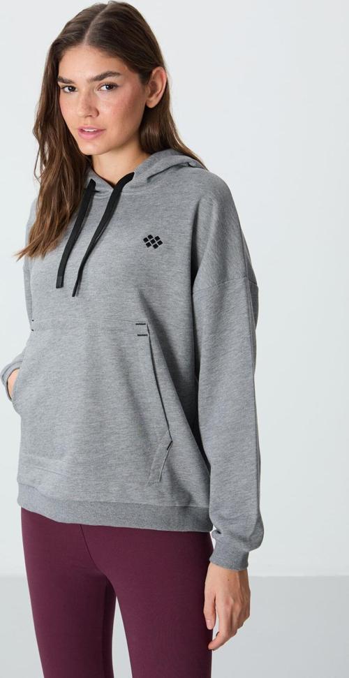 Gri Melanj Kompakt Pamuklu Kalın Pürüzsüz Dokulu Kapüşonlu Oversize Fit Kadın Sweatshirt - 97291