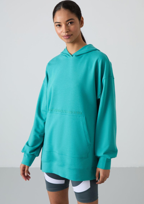 Deniz Yeşili Balon Kol Yazı Nakışlı Kadın Oversize Tunik Sweatshirt - 97163