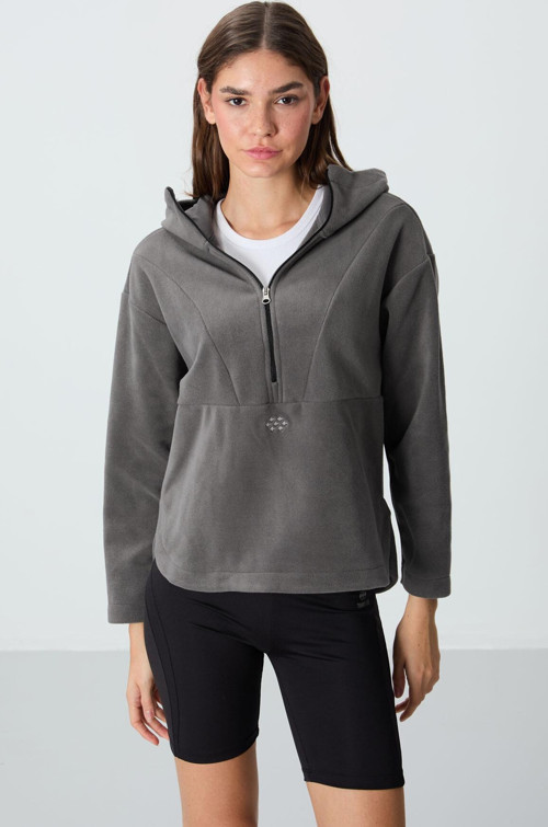 Koyu Gri Kalın Yumuşak Dokulu Kapüşonlu Oversize Nakışlı Polar Kadın Sweatshirt -97286