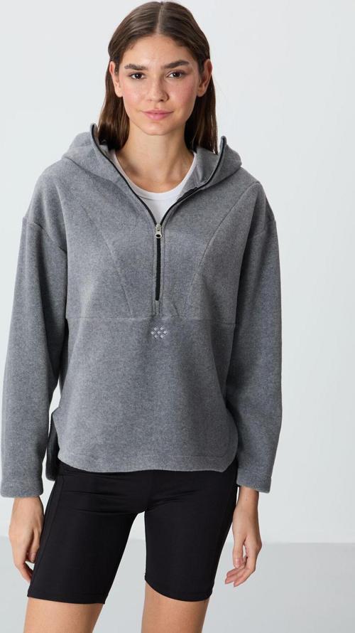 Gri Melanj Kalın Yumuşak Dokulu Kapüşonlu Oversize Nakışlı Polar Kadın Sweatshirt -97286
