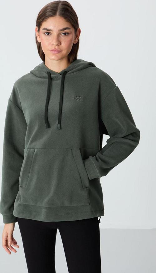 Haki Kalın Yumuşak Dokulu Kapüşonlu Oversize Nakışlı Polar Kadın Sweatshirt - 97292