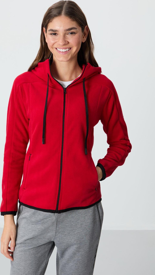 Kırmızı Kalın Yumuşak Dokulu Kapüşonlu Standart Fit Nakışlı Polar Kadın Sweatshirt -97287