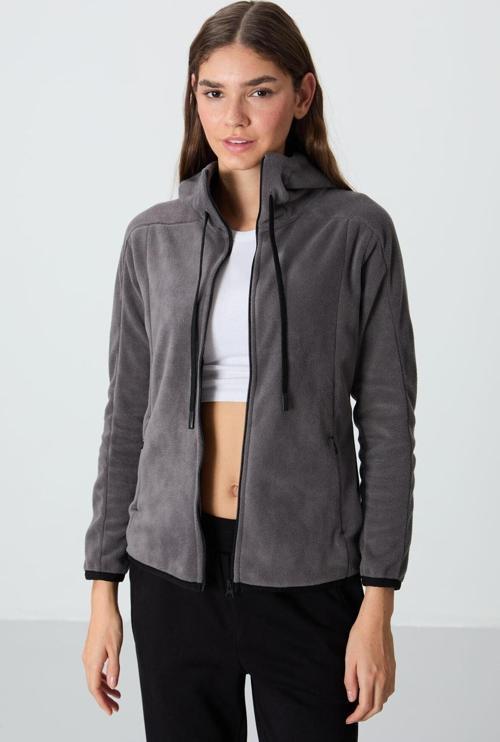 Koyu Gri Kalın Yumuşak Dokulu Kapüşonlu Standart Fit Nakışlı Polar Kadın Sweatshirt -97287
