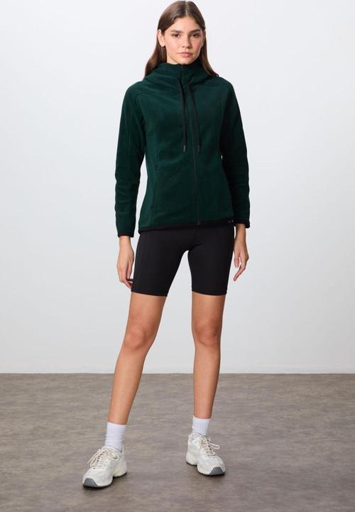 Çam Yeşili Kalın Yumuşak Dokulu Kapüşonlu Standart Fit Nakışlı Polar Kadın Sweatshirt -97287