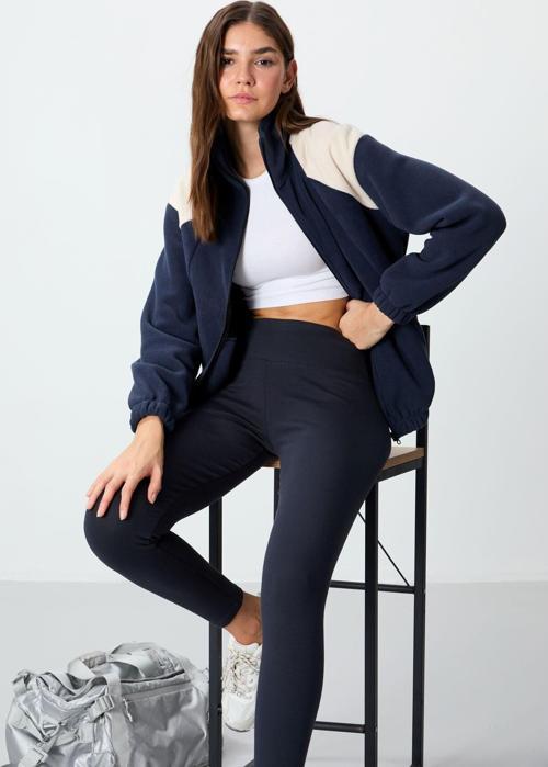 Lacivert Kalın Yumuşak Dokulu Dik Yaka Oversize Nakışlı Polar Kadın Sweatshirt - 97293