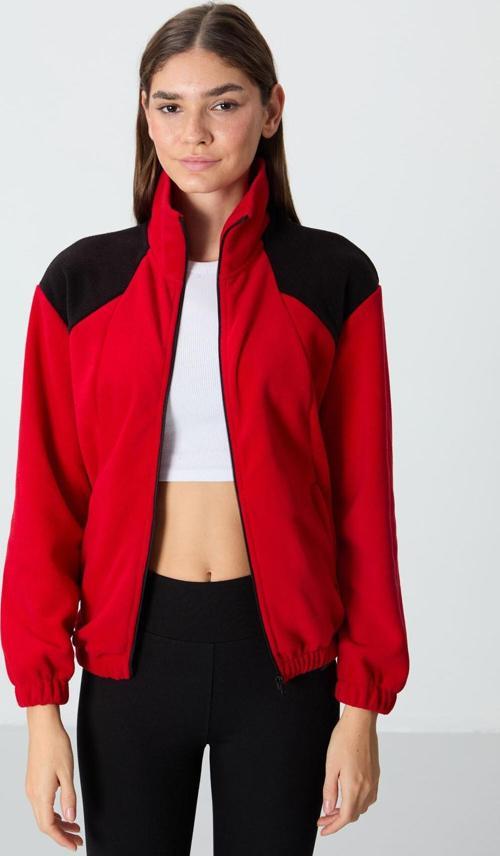 Kırmızı Kalın Yumuşak Dokulu Dik Yaka Oversize Nakışlı Polar Kadın Sweatshirt - 97293