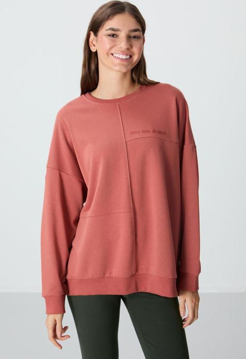 Kiremit Kompakt Pamuklu Kalın Pürüzsüz Dokulu O Yaka Oversize Fit Kadın Sweatshirt - 97288