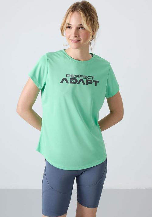 Su Yeşili Polyester Nefes Alan Dokulu İnce Esnek Standart Fit Performans Kadın T-Shirt - 97283