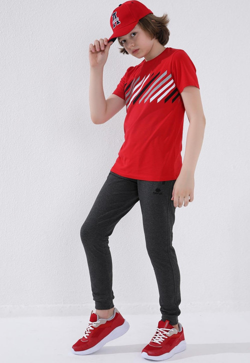 Antrasit Melanj Erkek Çocuk Jogger Fermuarlı Cep Standart Kalıp Manşetli Eşofman Alt - 64042